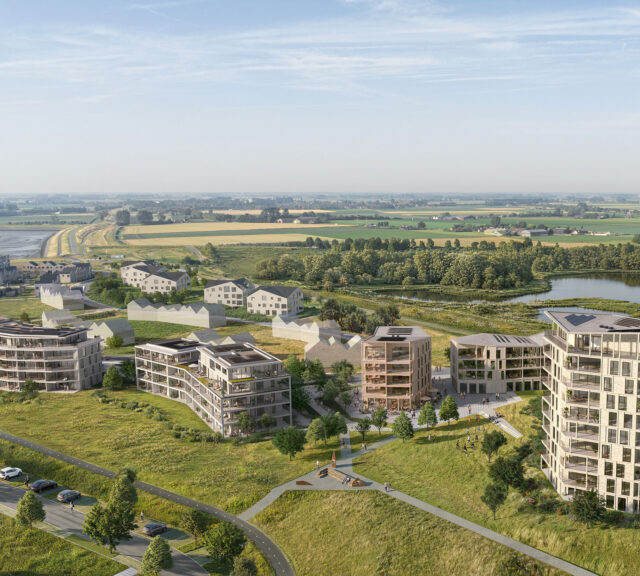 Luchtbeeld van de hotelkern van Waterzande met uitzicht op de polders