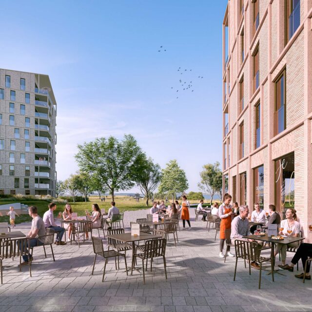 Impressie van de buitenzijde van de hotelkern in Waterzande